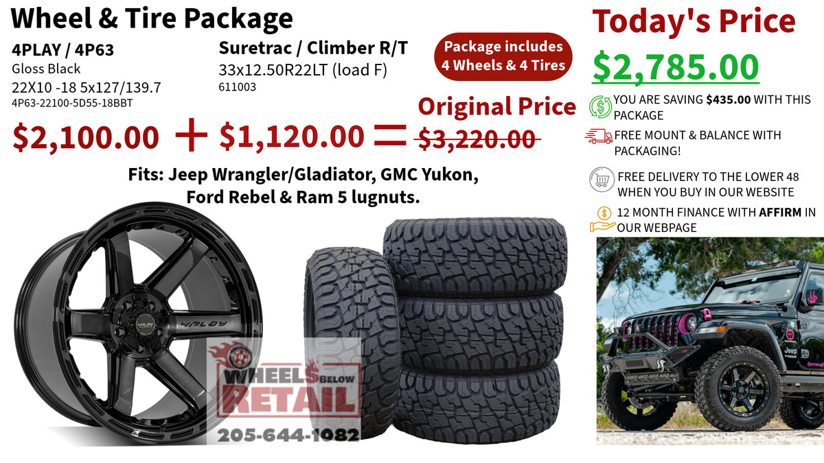 SET OF 4 WHEEL & TIRE PACKAGE | 4Play 4P63 22x10 -18 5x127/5x139.7 Gloss Black | 33x12.50R22 SureTrac Wide Climber R/T I