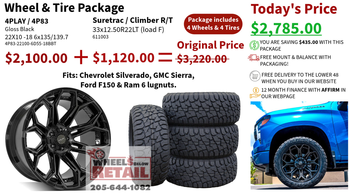 SET OF 4 WHEEL & TIRE PACKAGE | 4Play 4P83 22x10 -18 6x135/6x139.7 Gloss Black | 33x12.50R22LT SureTrac Wide Climber R/T I
