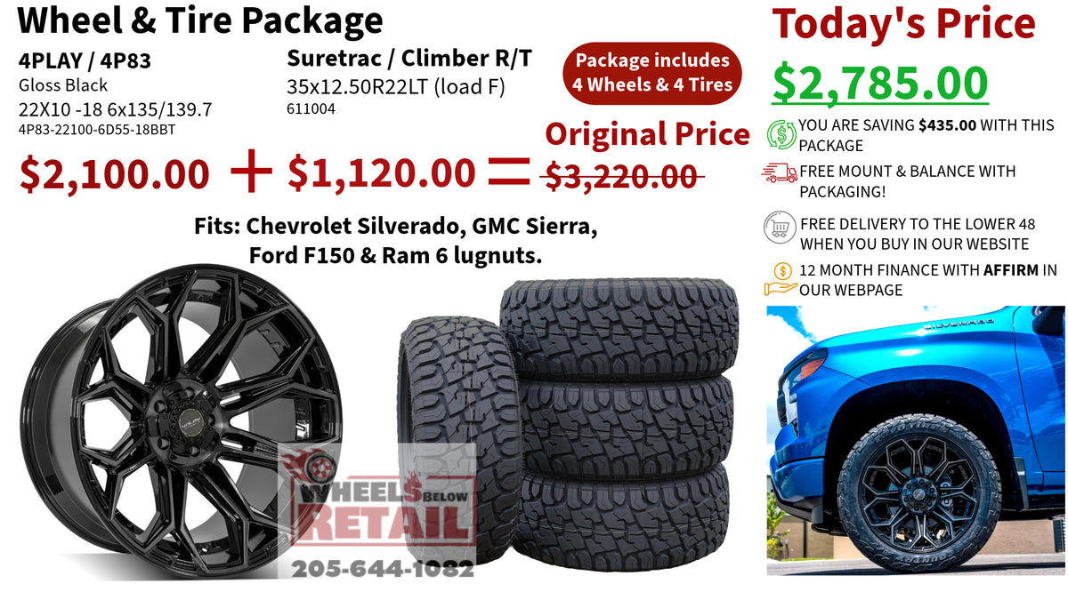 SET OF 4 WHEEL & TIRE PACKAGE | 4Play 4P83 22x10 -18 6x135/6x139.7 Gloss Black | 35x12.50R22LT SureTrac Wide Climber R/T I