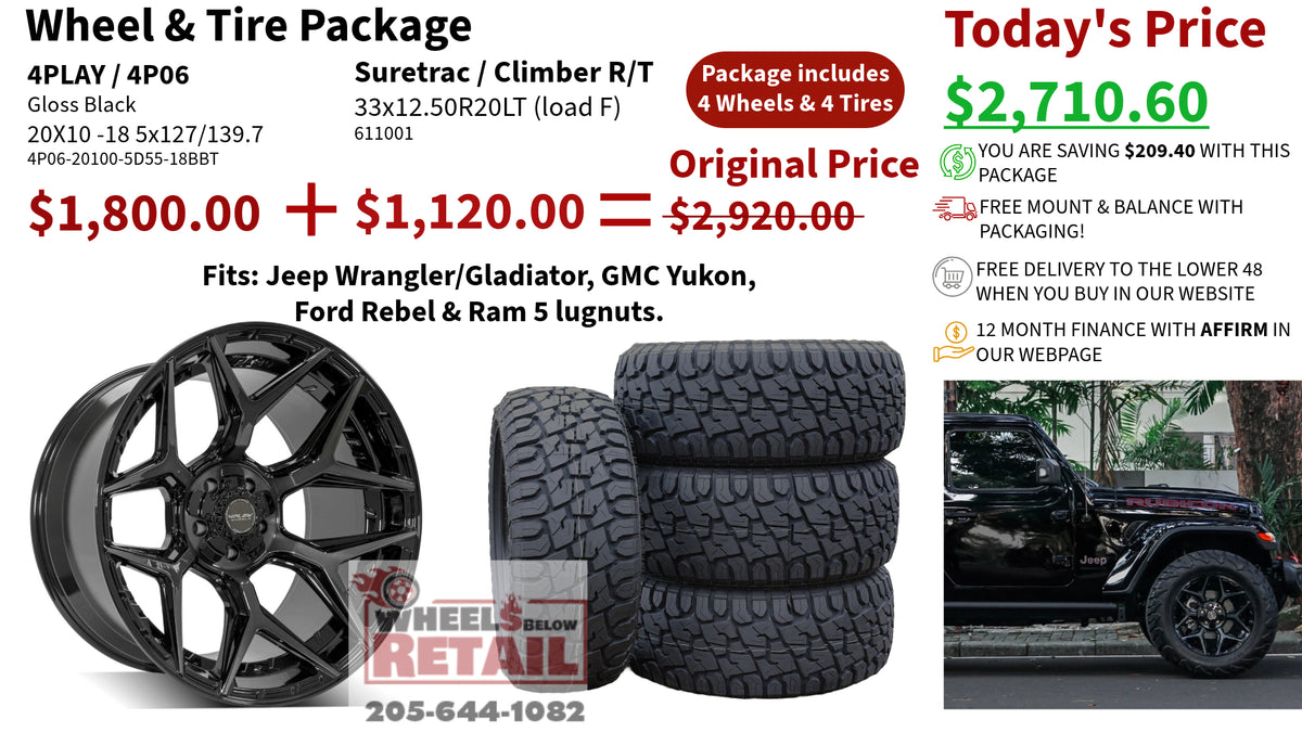 SET OF 4 WHEEL & TIRE PACKAGE | 4Play 4P06 20x10 -18 5x127/5x139.7 Gloss Black | 33x12.50R20LT SureTrac Wide Climber R/T I