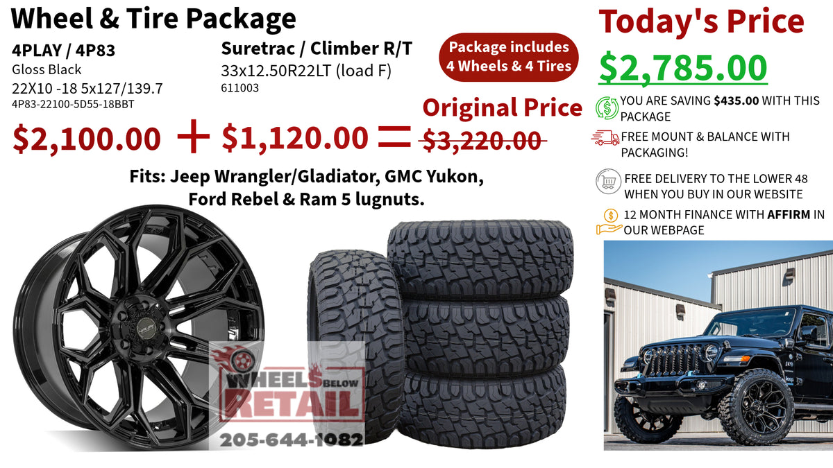 SET OF 4 WHEEL & TIRE PACKAGE | 4Play 4P83 22x10 -18 5x127/5x139.7 Gloss Black | 33x12.50R22 SureTrac Wide Climber R/T I