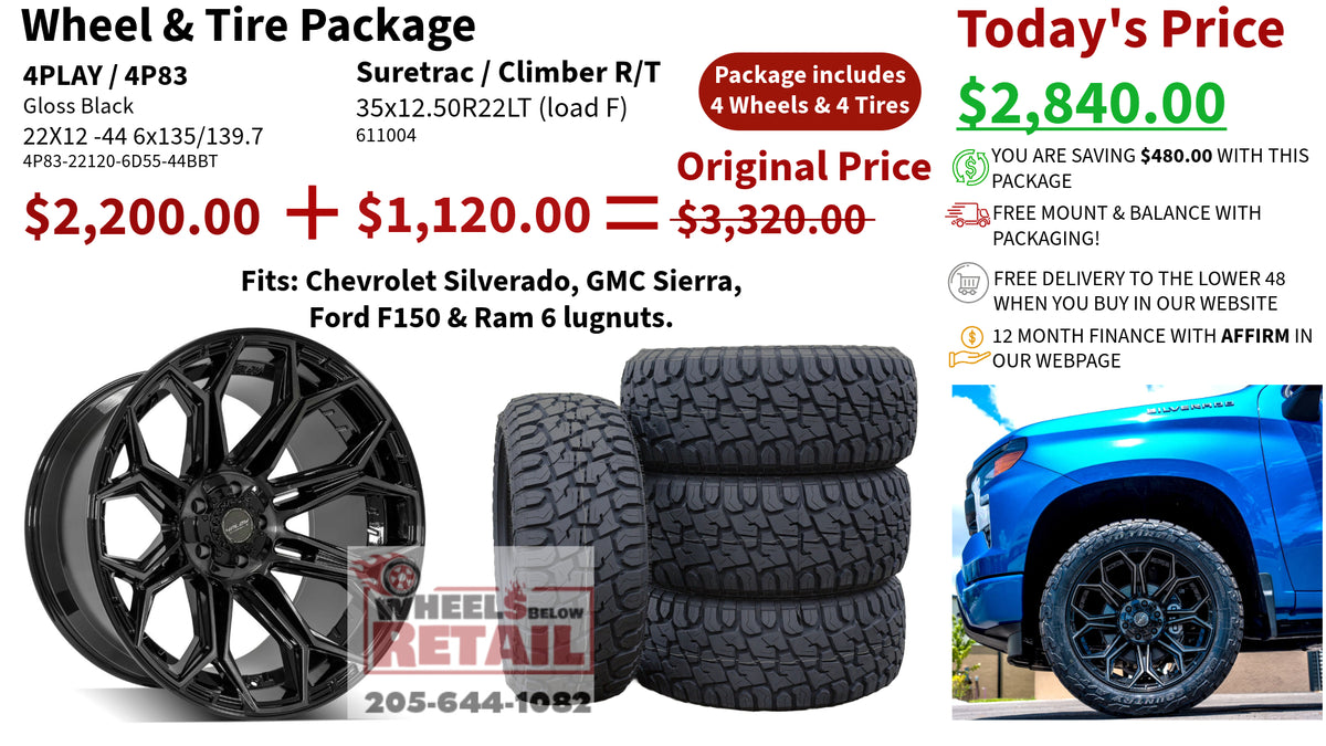 SET OF 4 WHEEL & TIRE PACKAGE | 4Play 4P83 22x12 -44 6x135/6x139.7 Gloss Black | 35x12.50R22LT SureTrac Wide Climber R/T I