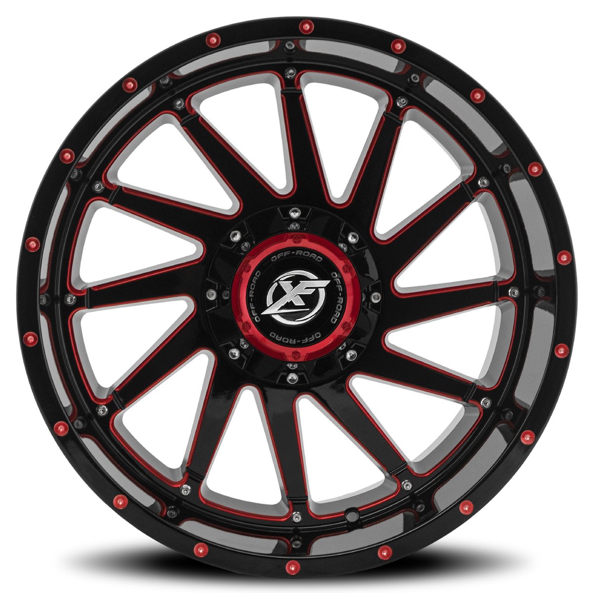 XF OFF-ROAD XF-216 22X12 -44 6X135/6X139.7 GLOSS BLACK & RED MILLED