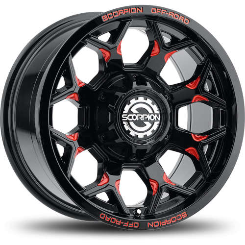 SCORPION DEFENDER 17X9 -12 6X135/6X139.7 GLOSS BLACK WITH RED ACCENTS