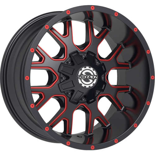 SCORPION SC19 20X9 +12 6X135/6X139.7 GLOSS BLACK WITH MILLED SPOKE EDGES AND A RED CLEAR COAT