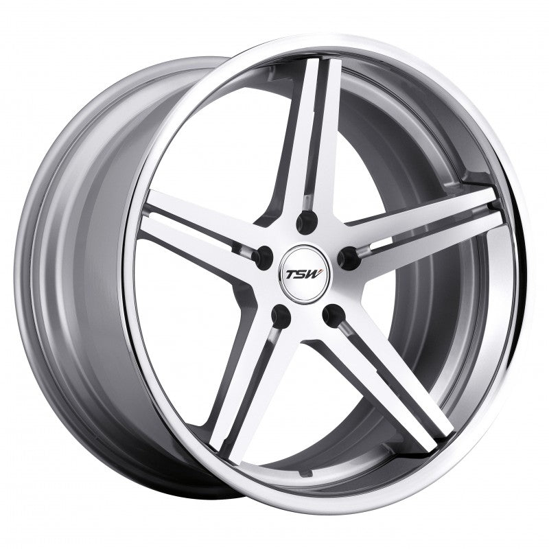 TSW MIRABEAU 20X8.5 22 5X112 SILVER W/ MACHINE FACE & CHROME STAINLESS LIP