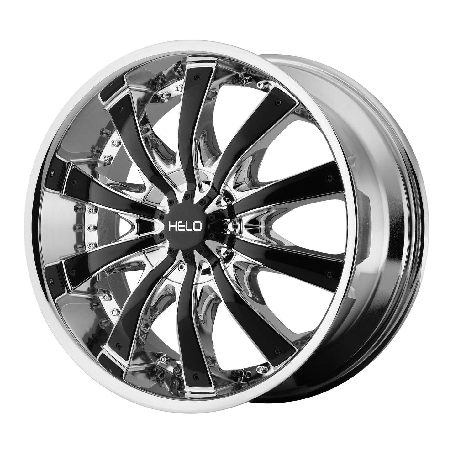 Helo HE875 24X9.5 38 6X135/6X5.3/6X139.7/6X5.5 Chrome Plated With Gloss Black Accents