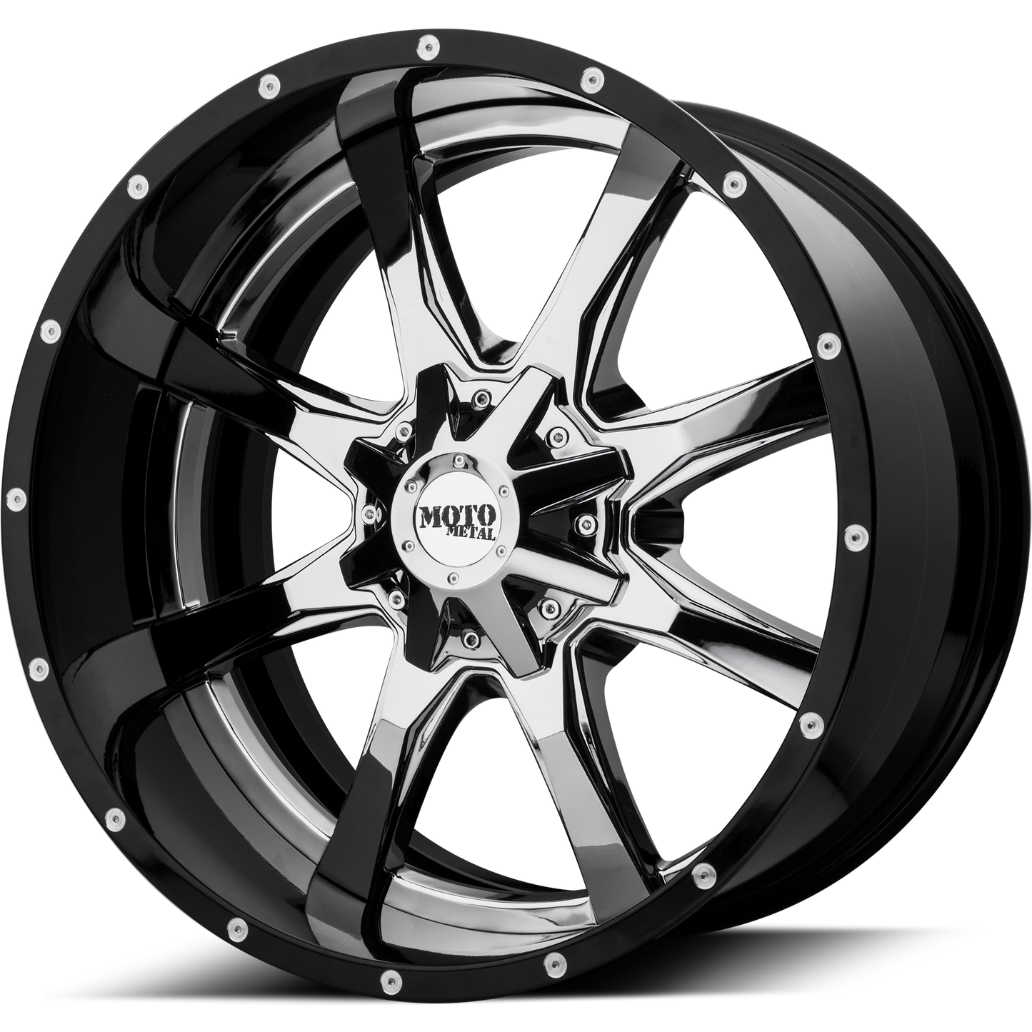 Moto Metal MO201 20X10 -18 5X127/5X139.7/5X5.0/5.5 Chrome Center Gloss Black Milled Lip