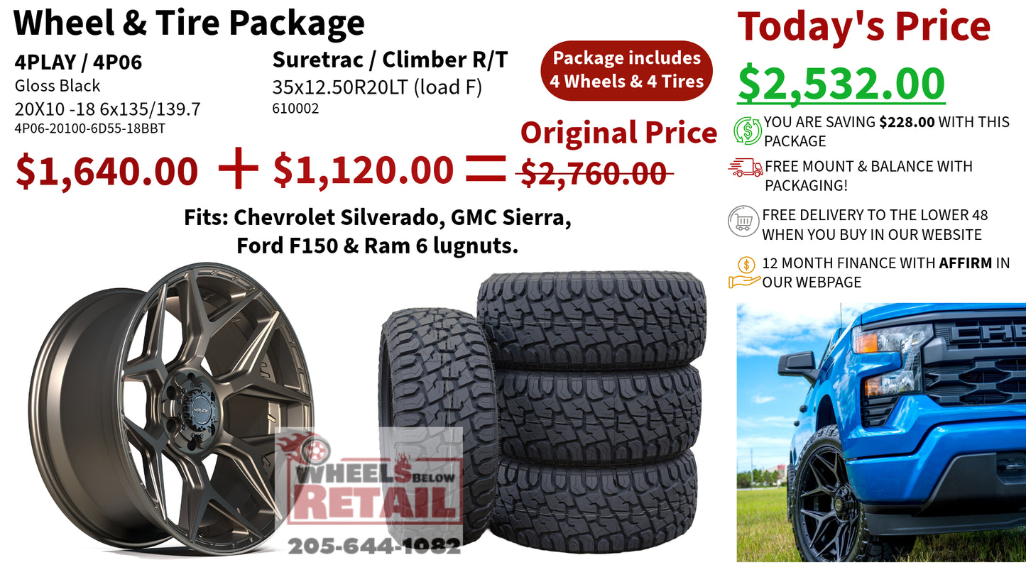 SET OF 4 WHEEL & TIRE PACKAGE | 4Play 4P06 20x10 -18 6x135/6x139.7 Bronze | 35x12.50R20LT SureTrac Wide Climber R/T 1