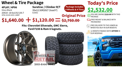 SET OF 4 WHEEL & TIRE PACKAGE | 4Play 4P06 20x10 -18 6x135/6x139.7 Bronze | 35x12.50R20LT SureTrac Wide Climber R/T 1