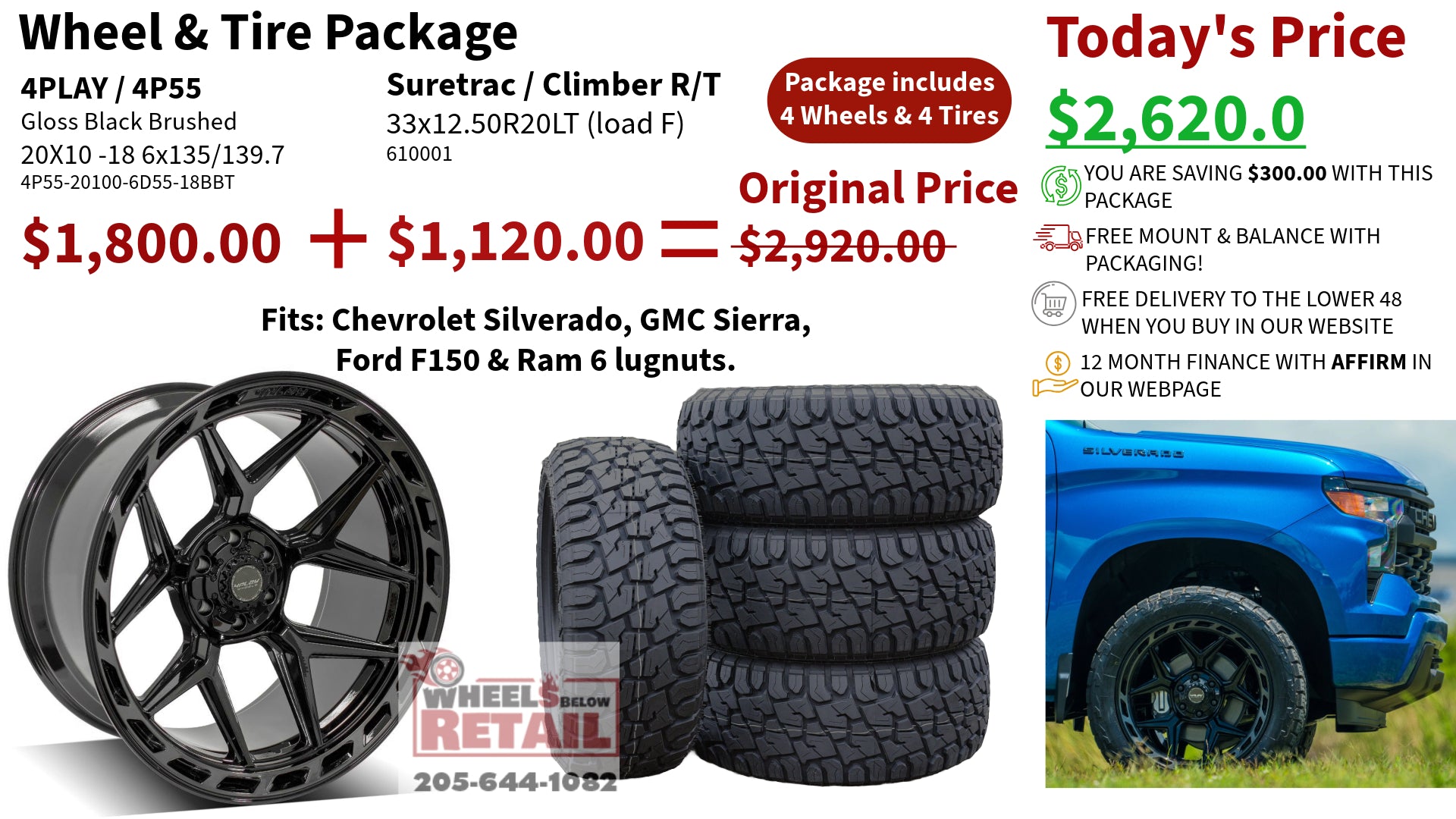 SET OF 4 WHEEL & TIRE PACKAGE | 4Play 4P55 20x10 -18 6x135/6x139.7 Gloss Black Brushed | 33x12.50R20 SureTrac Wide Climber R/T I