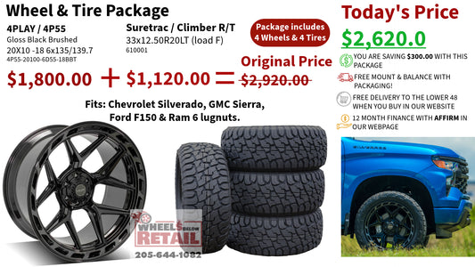 SET OF 4 WHEEL & TIRE PACKAGE | 4Play 4P55 20x10 -18 6x135/6x139.7 Gloss Black Brushed | 33x12.50R20 SureTrac Wide Climber R/T I