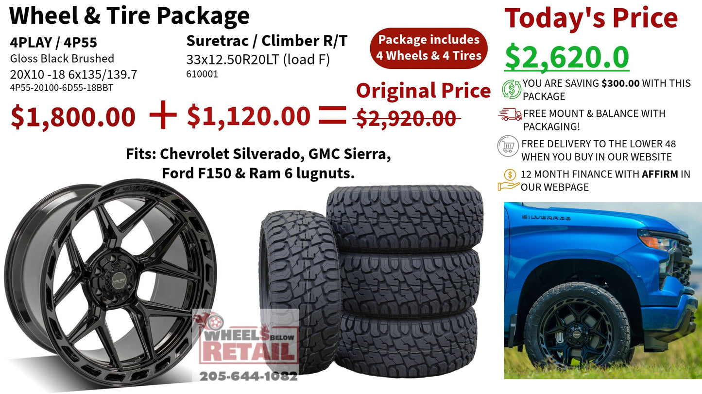 SET OF 4 WHEEL & TIRE PACKAGE | 4Play 4P55 20x10 -18 6x135/6x139.7 Gloss Black Brushed | 35x12.50R20 SureTrac Wide Climber R/T I