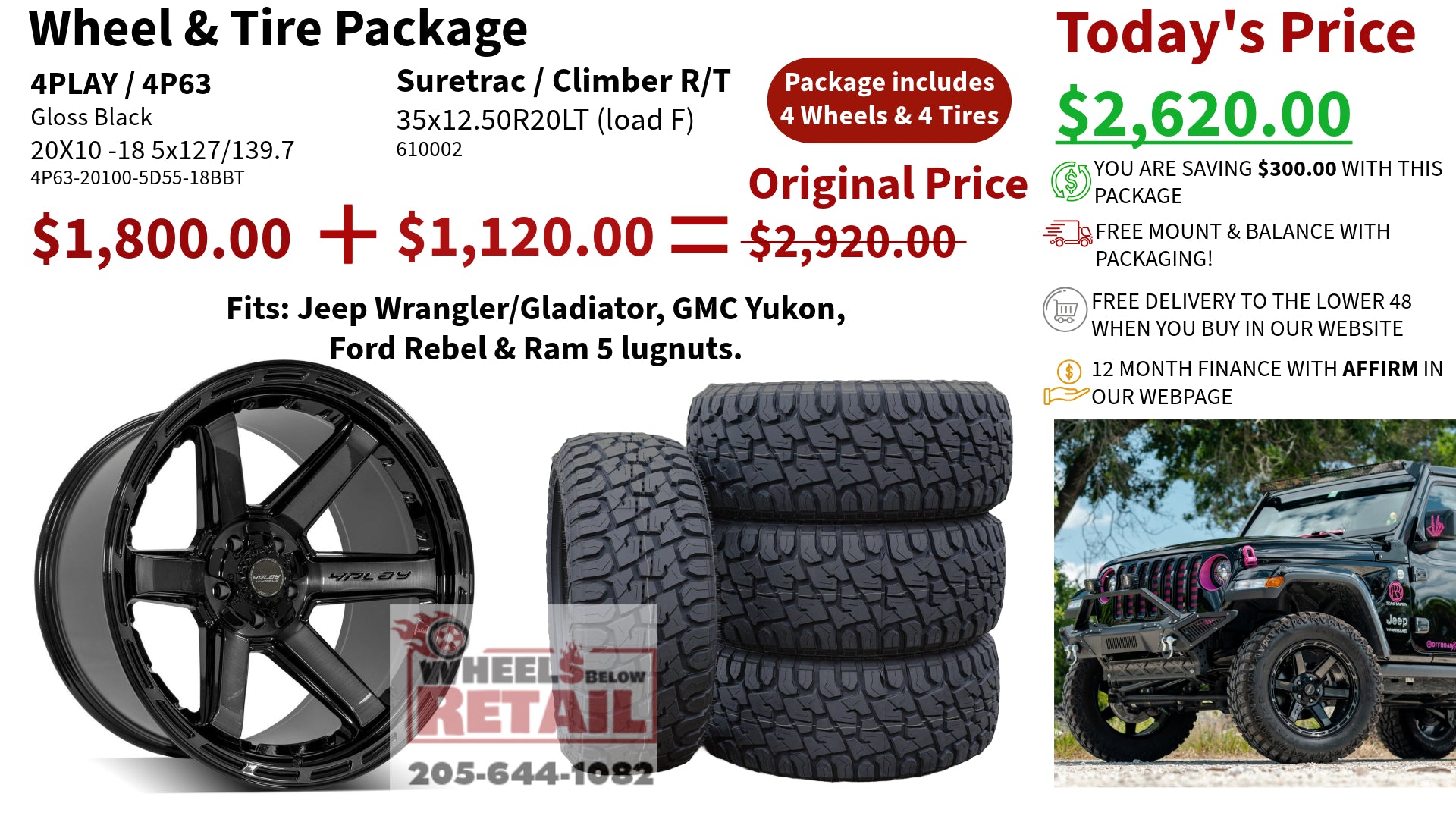 SET OF 4 WHEEL & TIRE PACKAGE | 4Play 4P63 20x10 -18 5x127/5x139.7 Gloss Black | 35x12.50R20 SureTrac Wide Climber R/T I