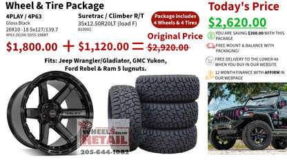 SET OF 4 WHEEL & TIRE PACKAGE | 4Play 4P63 20x10 -18 5x127/5x139.7 Gloss Black | 35x12.50R20 SureTrac Wide Climber R/T I