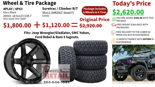 SET OF 4 WHEEL & TIRE PACKAGE | 4Play 4P63 20x10 -18 5x127/5x139.7 Gloss Black | 35x12.50R20 SureTrac Wide Climber R/T I