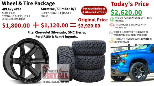 SET OF 4 WHEEL & TIRE PACKAGE | 4Play 4P63 20x10 -18 6x135/6x139.7 Gloss Black | 35x12.50R20 SureTrac Wide Climber R/T I
