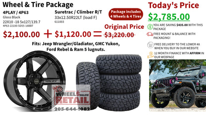 SET OF 4 WHEEL & TIRE PACKAGE | 4Play 4P63 22x10 -18 5x127/5x139.7 Gloss Black | 33x12.50R22 SureTrac Wide Climber R/T I