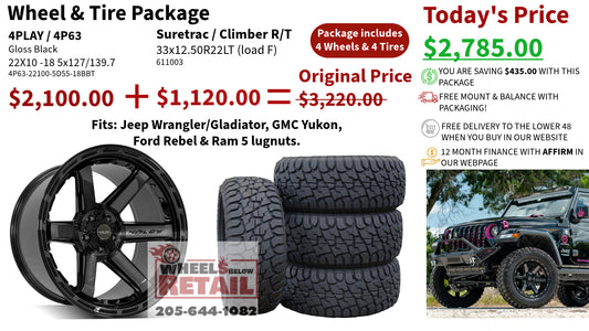 SET OF 4 WHEEL & TIRE PACKAGE | 4Play 4P63 22x10 -18 5x127/5x139.7 Gloss Black | 33x12.50R22 SureTrac Wide Climber R/T I
