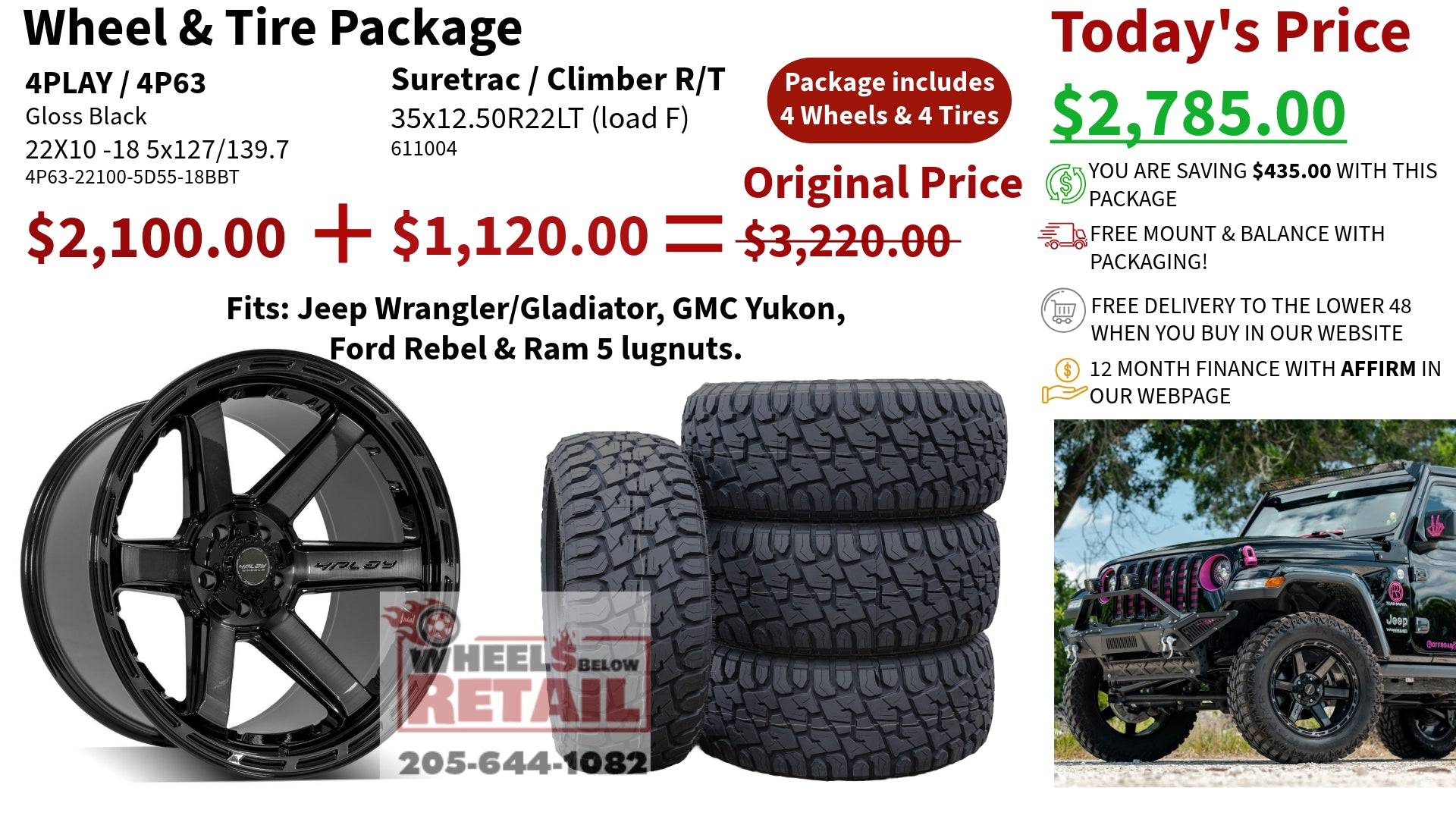 SET OF 4 WHEEL & TIRE PACKAGE | 4Play 4P63 22x10 -18 5x127/5x139.7 Gloss Black | 35x12.50R22 SureTrac Wide Climber R/T I