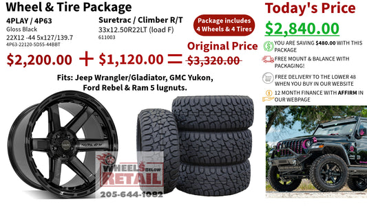 SET OF 4 WHEEL & TIRE PACKAGE | 4Play 4P63 22x12 -44 5x127/5x139.7 Gloss Black | 33x12.50R22 SureTrac Wide Climber R/T I