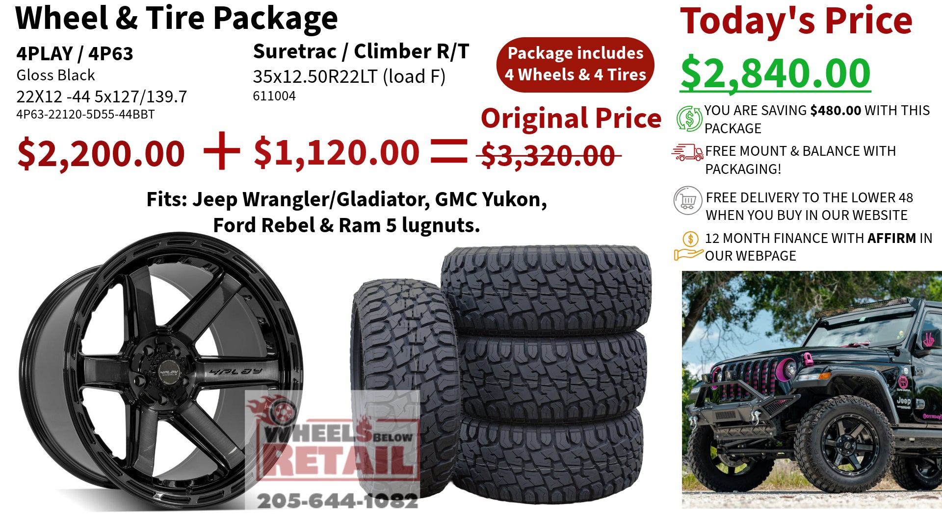 SET OF 4 WHEEL & TIRE PACKAGE | 4Play 4P63 22x12 -44 5x127/5x139.7 Gloss Black | 35x12.50R22 SureTrac Wide Climber R/T I