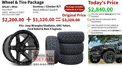 SET OF 4 WHEEL & TIRE PACKAGE | 4Play 4P63 22x12 -44 5x127/5x139.7 Gloss Black | 35x12.50R22 SureTrac Wide Climber R/T I
