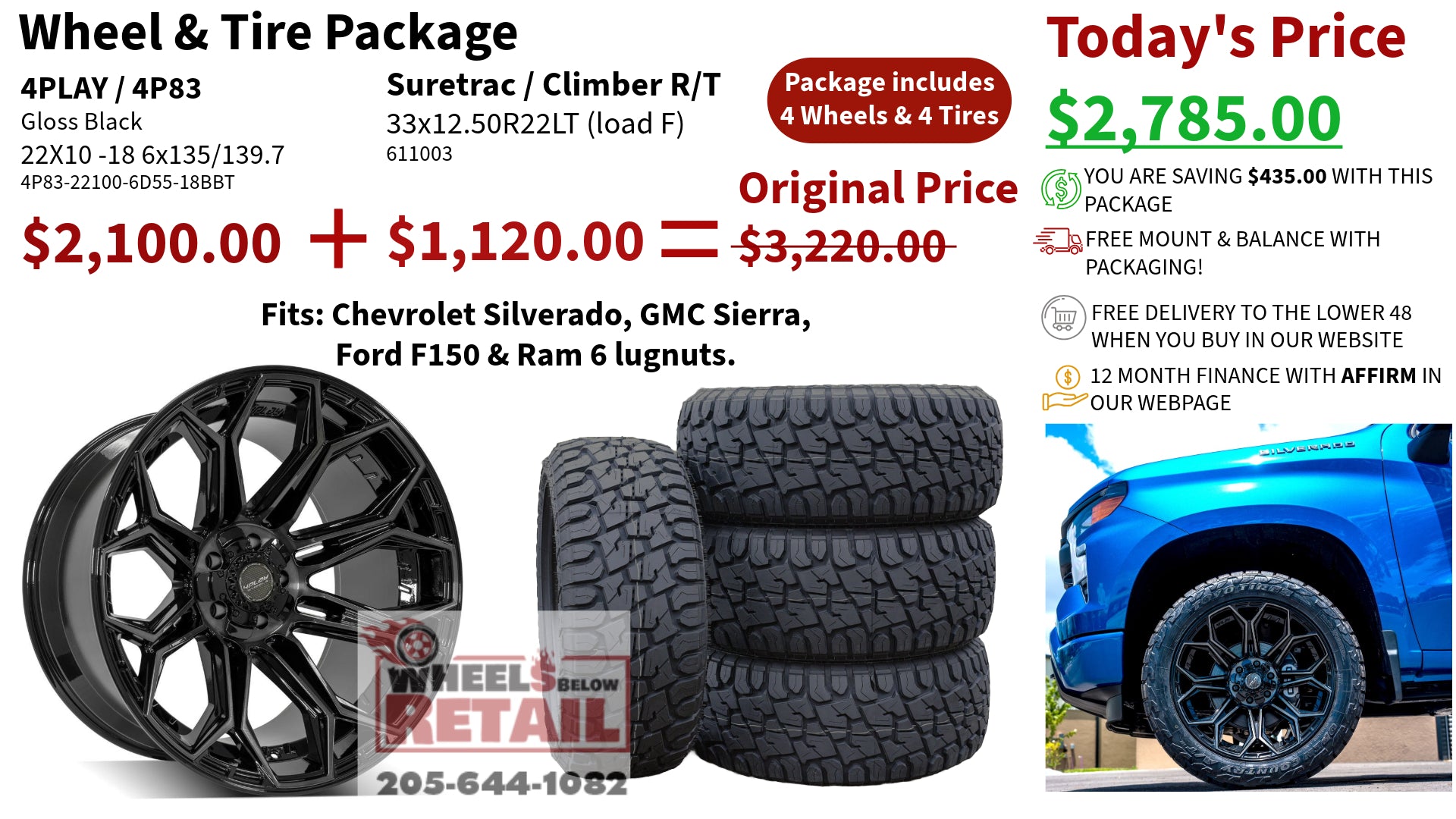 SET OF 4 WHEEL & TIRE PACKAGE | 4Play 4P83 22x10 -18 6x135/6x139.7 Gloss Black | 33x12.50R22LT SureTrac Wide Climber R/T I