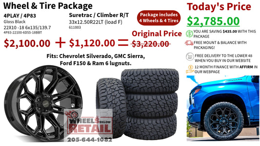 SET OF 4 WHEEL & TIRE PACKAGE | 4Play 4P83 22x10 -18 6x135/6x139.7 Gloss Black | 33x12.50R22LT SureTrac Wide Climber R/T I