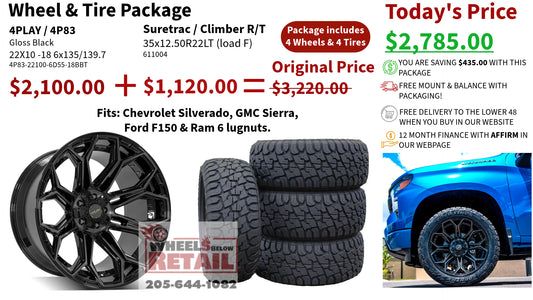 SET OF 4 WHEEL & TIRE PACKAGE | 4Play 4P83 22x10 -18 6x135/6x139.7 Gloss Black | 35x12.50R22LT SureTrac Wide Climber R/T I