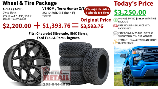 SET OF 4 WHEEL & TIRE PACKAGE | 4Play 4P06 22x12 -44 6x135/6x139.7 Gloss Black | 35x12.50R22LT VENOM POWER TERRA HUNTER X/T