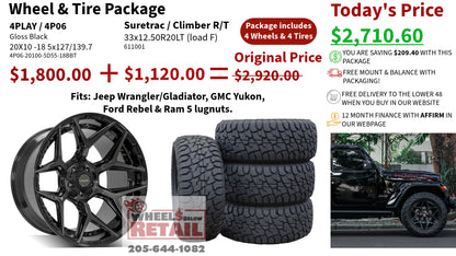 SET OF 4 WHEEL & TIRE PACKAGE | 4Play 4P06 20x10 -18 5x127/5x139.7 Gloss Black | 33x12.50R20LT SureTrac Wide Climber R/T I