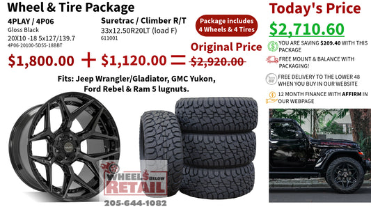 SET OF 4 WHEEL & TIRE PACKAGE | 4Play 4P06 20x10 -18 5x127/5x139.7 Gloss Black | 33x12.50R20LT SureTrac Wide Climber R/T I