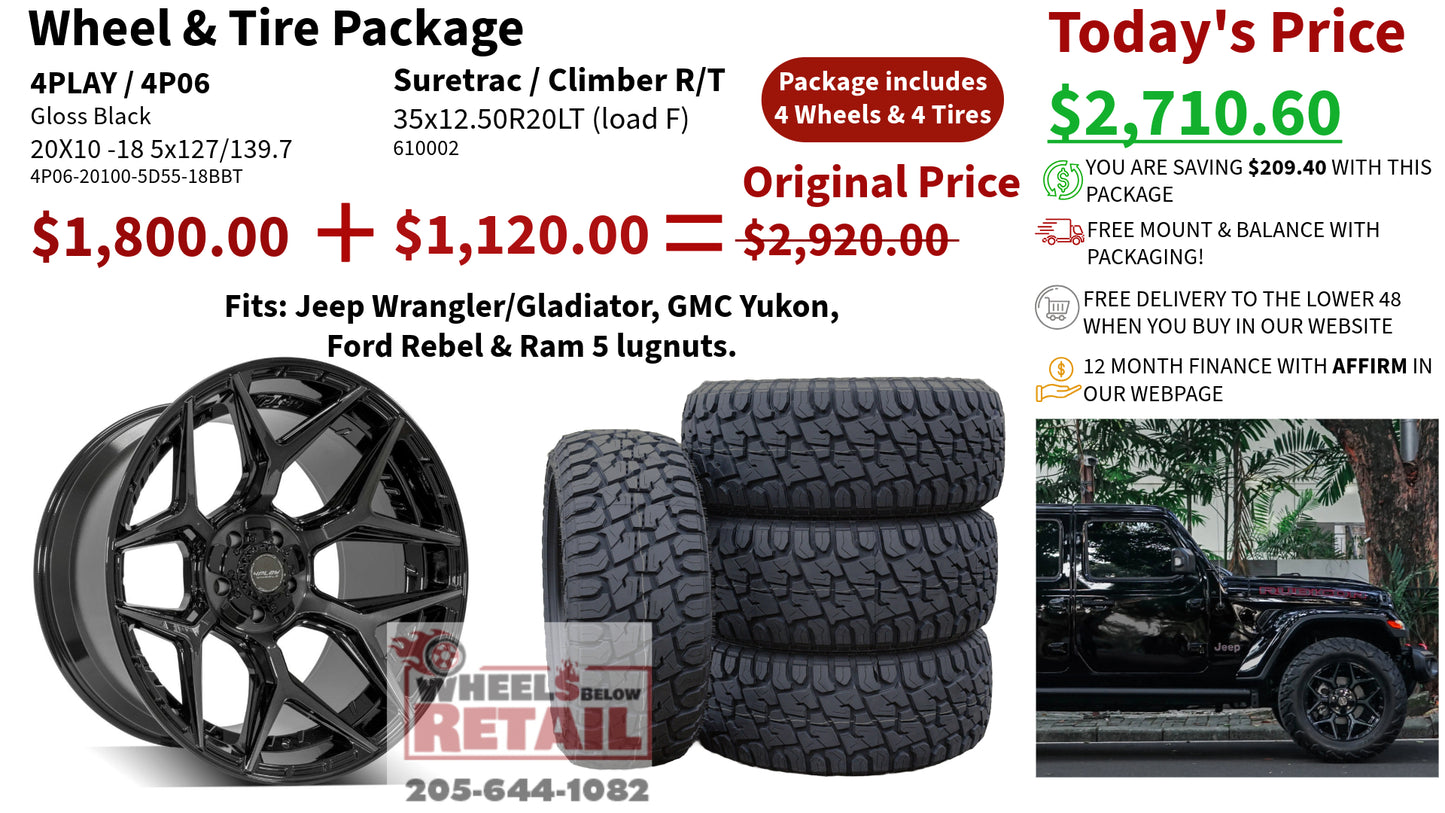 SET OF 4 WHEEL & TIRE PACKAGE | 4Play 4P06 20x10 -18 5x127/5x139.7 Gloss Black | 35x12.50R20LT SureTrac Wide Climber R/T I