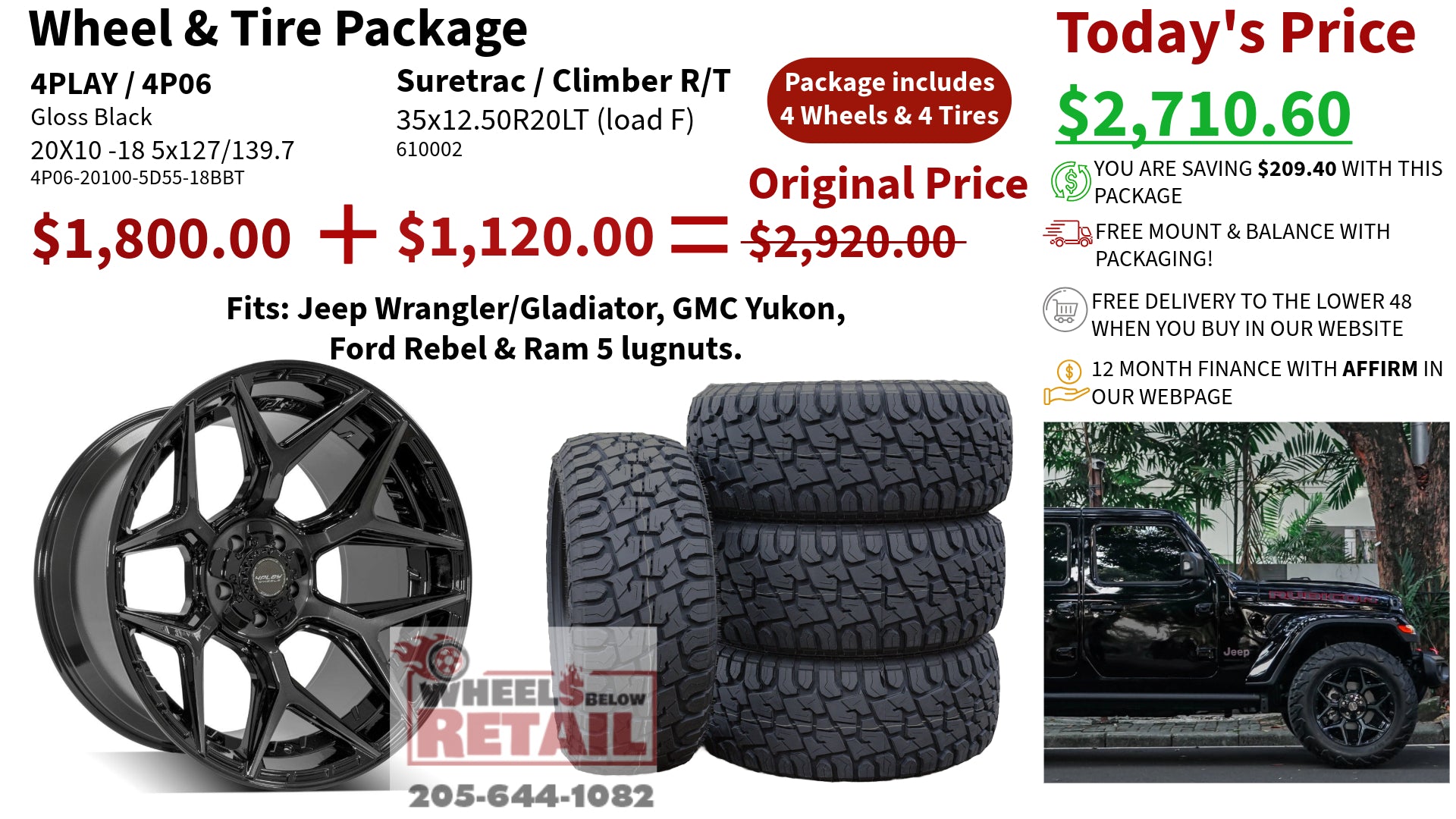 SET OF 4 WHEEL & TIRE PACKAGE | 4Play 4P06 20x10 -18 5x127/5x139.7 Gloss Black | 35x12.50R20LT SureTrac Wide Climber R/T I