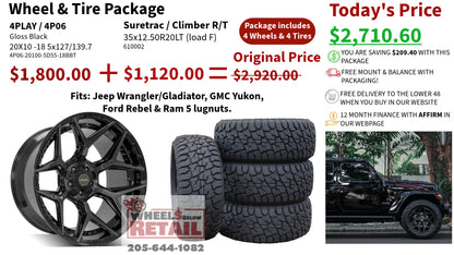 SET OF 4 WHEEL & TIRE PACKAGE | 4Play 4P06 20x10 -18 5x127/5x139.7 Gloss Black | 35x12.50R20LT SureTrac Wide Climber R/T I