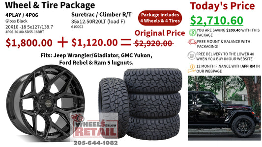 SET OF 4 WHEEL & TIRE PACKAGE | 4Play 4P06 20x10 -18 5x127/5x139.7 Gloss Black | 35x12.50R20LT SureTrac Wide Climber R/T I