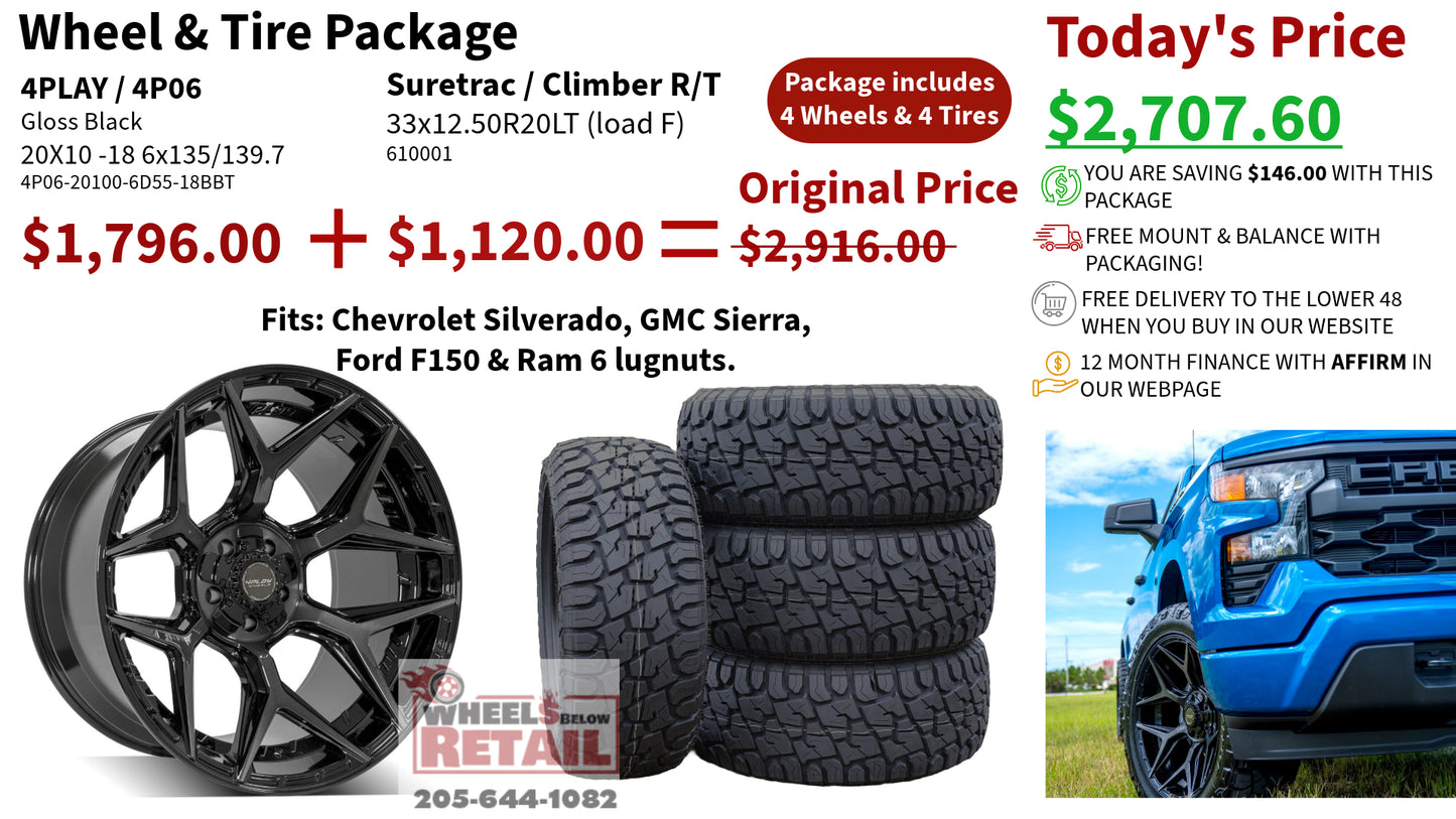 SET OF 4 WHEEL & TIRE PACKAGE | 4Play 4P06 20x10 -18 6x135/6x139.7 Gloss Black | 33x12.50R20LT SureTrac Wide Climber R/T 1