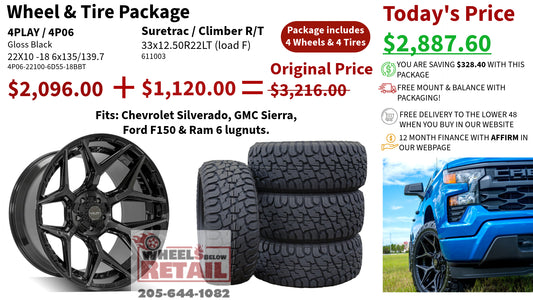 SET OF 4 WHEEL & TIRE PACKAGE | 4Play 4P06 22x10 -18 6x135/6x139.7 Gloss Black | 33x12.50R22LT SureTrac Wide Climber R/T I