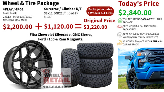SET OF 4 WHEEL & TIRE PACKAGE | 4Play 4P06 22x12 -44 6x135/6x139.7 Gloss Black | 33x12.50R22LT SureTrac Wide Climber R/T I