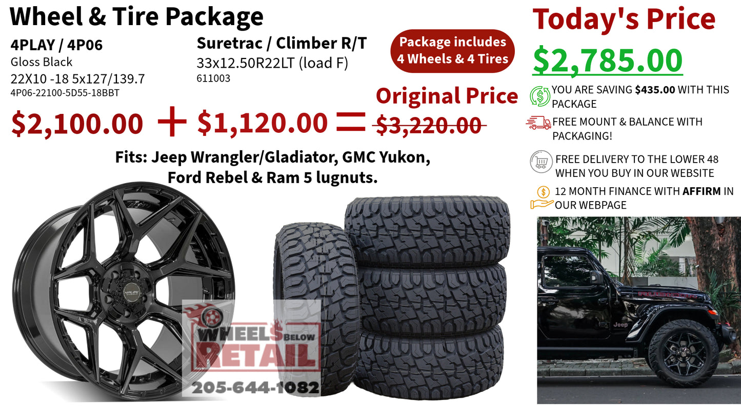 SET OF 4 WHEEL & TIRE PACKAGE | 4Play 4P06 22x10 -18 5x127/5x139.7 Gloss Black | 33x12.50R22LT SureTrac Wide Climber R/T I