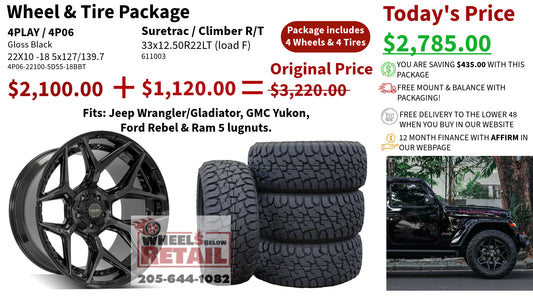 SET OF 4 WHEEL & TIRE PACKAGE | 4Play 4P06 22x10 -18 5x127/5x139.7 Gloss Black | 33x12.50R22LT SureTrac Wide Climber R/T I