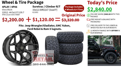 SET OF 4 WHEEL & TIRE PACKAGE | 4Play 4P06 22x12 -44 5x127/5x139.7 Gloss Black | 33x12.50R22LT SureTrac Wide Climber R/T I