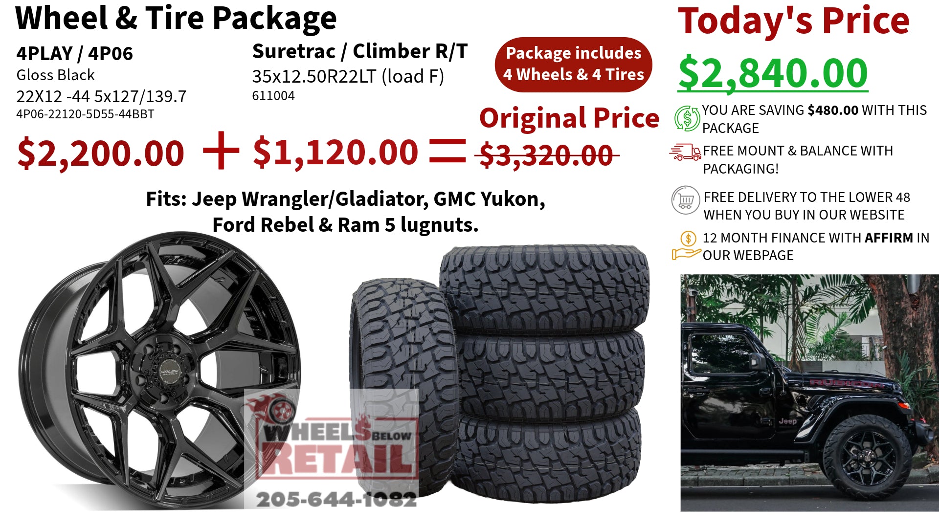 SET OF 4 WHEEL & TIRE PACKAGE | 4Play 4P06 22x12 -44 5x127/5x139.7 Gloss Black | 35x12.50R22LT SureTrac Wide Climber R/T I