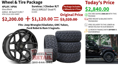 SET OF 4 WHEEL & TIRE PACKAGE | 4Play 4P06 22x12 -44 5x127/5x139.7 Gloss Black | 35x12.50R22LT SureTrac Wide Climber R/T I
