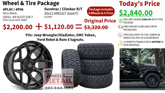 SET OF 4 WHEEL & TIRE PACKAGE | 4Play 4P06 22x12 -44 5x127/5x139.7 Gloss Black | 35x12.50R22LT SureTrac Wide Climber R/T I