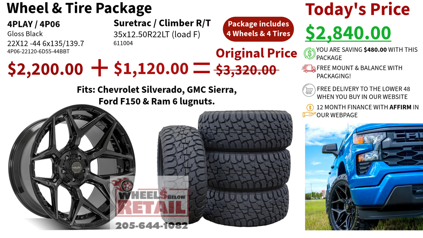 SET OF 4 WHEEL & TIRE PACKAGE | 4Play 4P06 22x12 -44 6x135/6x139.7 Gloss Black | 35x12.50R22LT SureTrac Wide Climber R/T I