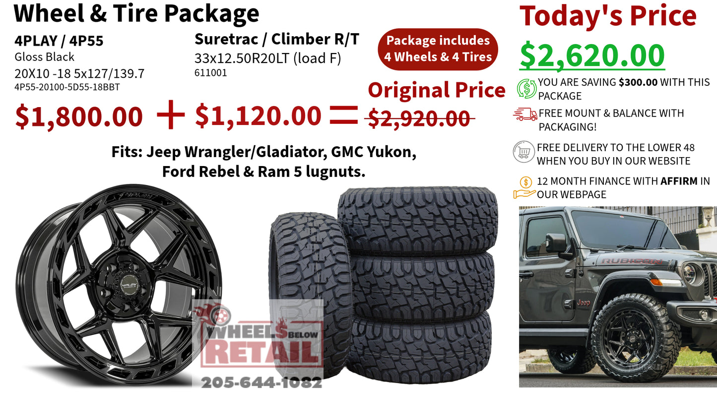 SET OF 4 WHEEL & TIRE PACKAGE | 4Play 4P55 20x10 -18 5x127/5x139.7 Gloss Black | 33x12.50R20 SureTrac Wide Climber R/T I