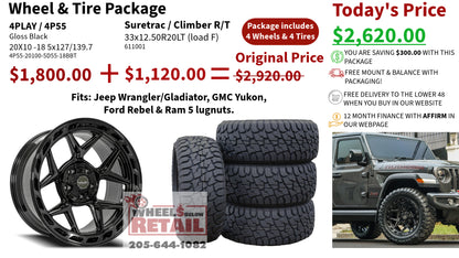 SET OF 4 WHEEL & TIRE PACKAGE | 4Play 4P55 20x10 -18 5x127/5x139.7 Gloss Black | 33x12.50R20 SureTrac Wide Climber R/T I
