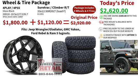 SET OF 4 WHEEL & TIRE PACKAGE | 4Play 4P55 20x10 -18 5x127/5x139.7 Gloss Black | 33x12.50R20 SureTrac Wide Climber R/T I